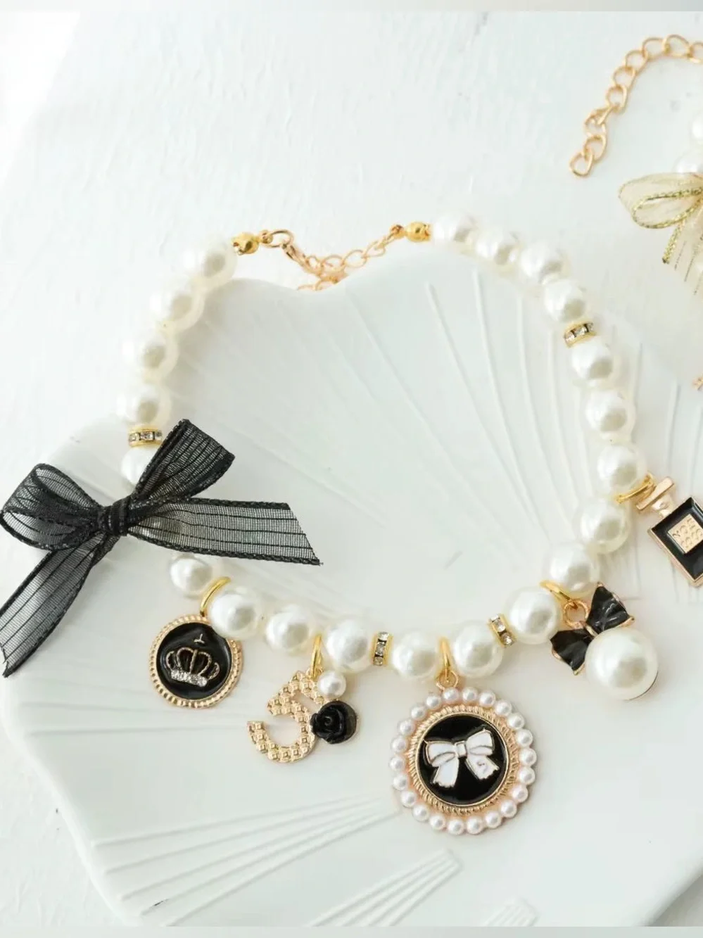 Cute Pearl Dog Cat Collar Necklace Black and Gold Charms Pet Jewelry Adjustable